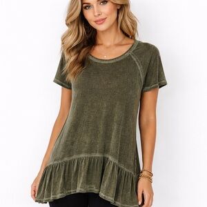 Dantelle Olive Acid Wash Ruffle Hem Tunic Top Small Boho